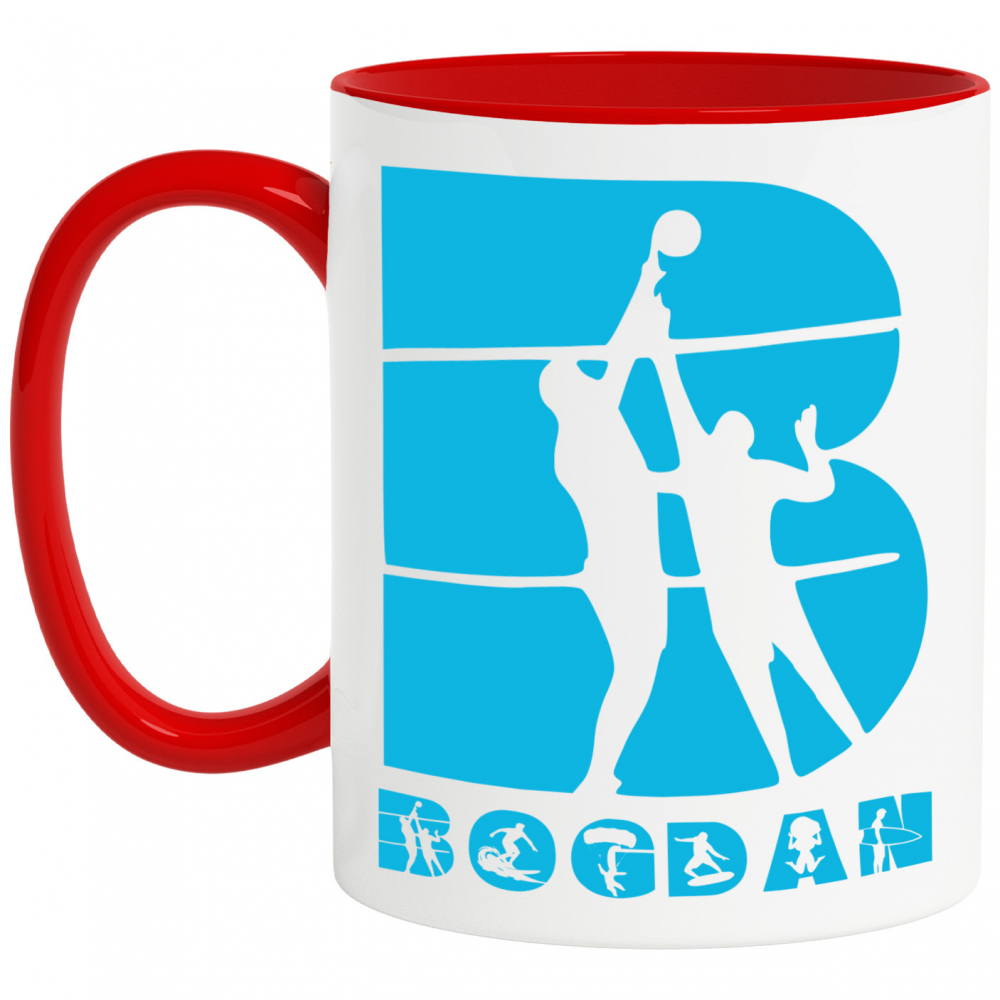 Cana Iubitorii De Volei Plaja, Placa Surff, Text Nume Personalizat, Culoare Albastru, Cu Litera, 330ML, Ceramica, Cu Maner si Interior Rosu [1]