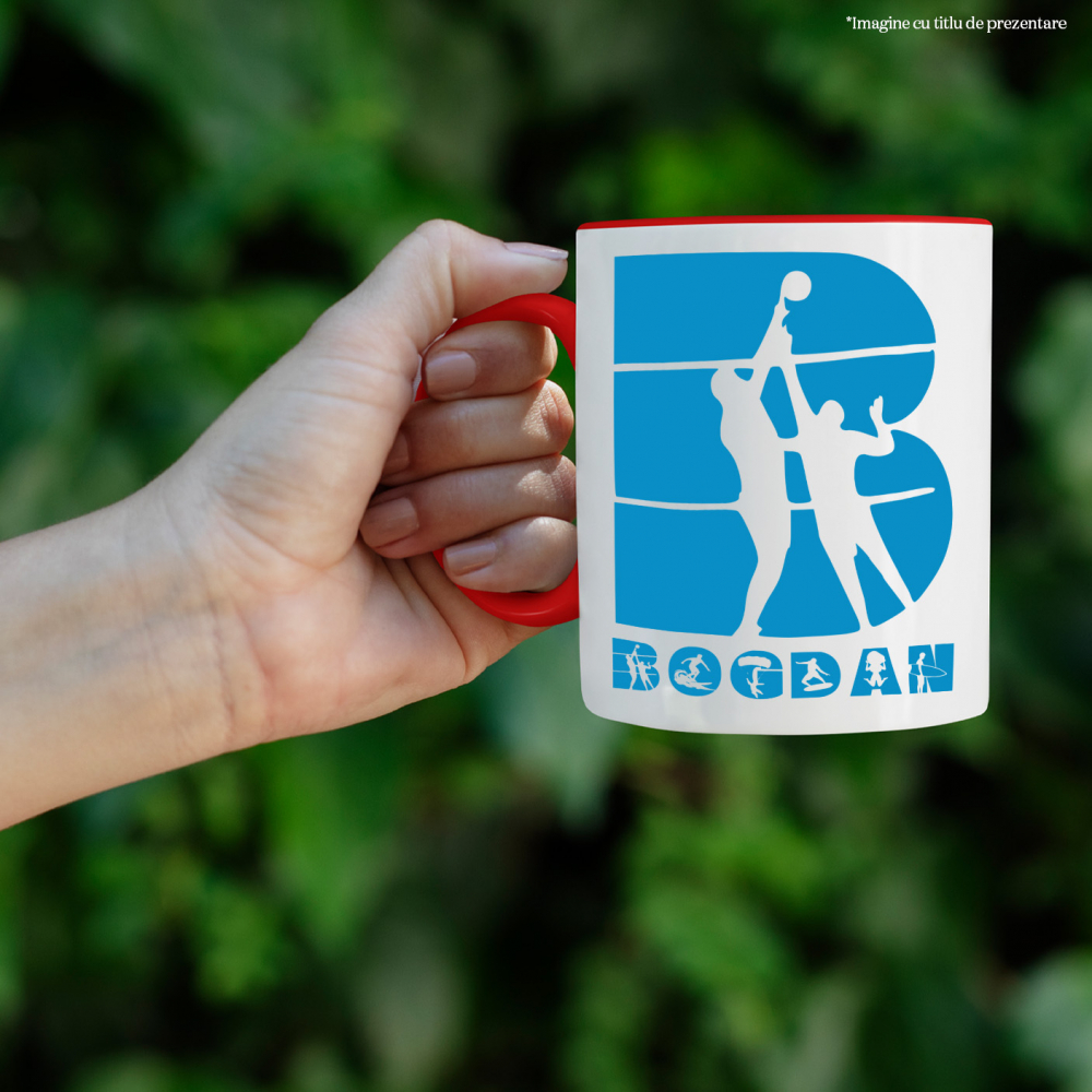 Cana Iubitorii De Volei Plaja, Placa Surff, Text Nume Personalizat, Culoare Albastru, Cu Litera, 330ML, Ceramica, Cu Maner si Interior Rosu [2]