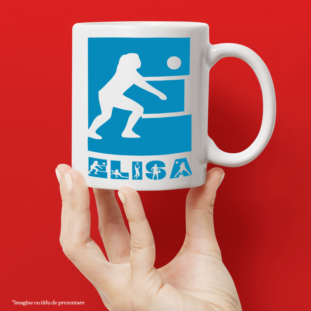 Cana Iubitorii De Volei, Silueta Sportiva, Text Nume Personalizat, Copii, Culoare Albastru, Cu Litera, 330ML, Ceramica, Cu Maner si Interior Alb [2]