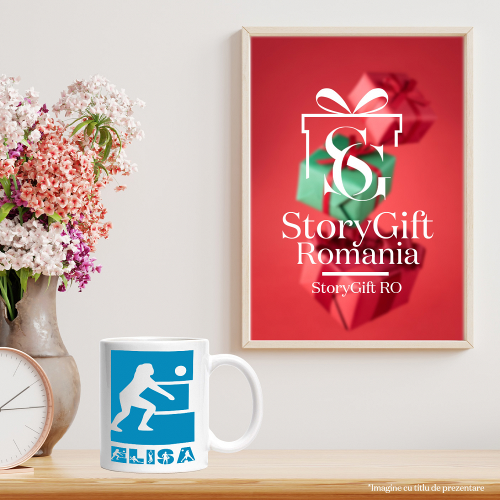 Cana Iubitorii De Volei, Silueta Sportiva, Text Nume Personalizat, Copii, Culoare Albastru, Cu Litera, 330ML, Ceramica, Cu Maner si Interior Alb [4]