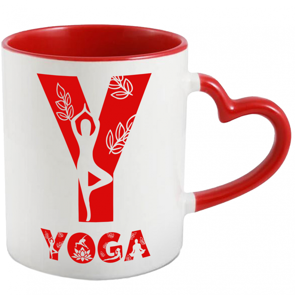 Cana Iubitorii De Yoga, Sportiva, Text Nume Personalizat, Copii, Culoare Rosu, Cu Litera, 330ML, Ceramica, Cu Maner Inima Rosie si Interior Rosu [1]