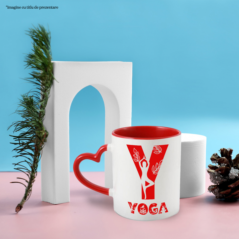 Cana Iubitorii De Yoga, Sportiva, Text Nume Personalizat, Copii, Culoare Rosu, Cu Litera, 330ML, Ceramica, Cu Maner Inima Rosie si Interior Rosu [2]