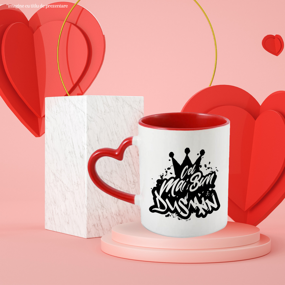 Cana Pentru Cel Mai Bun dusman, Apreciere, Cadou, Rasplata, Multumire, 330ml, Ceramica cu Maner Inima Rosie [3]