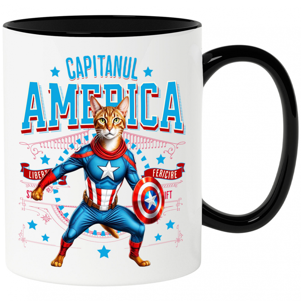 Cana Personalizata Pisica Abisiniană în Costum de Captain America cu Pelerină - Cadou Personalizat pentru Copii și Iubitorii de Pisici [1]