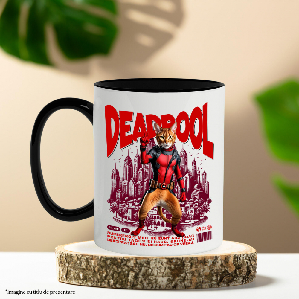 Cana Personalizata Pisică Abisiniană în Costum Deadpool – Supererou Amuzant pentru Iubitorii de Pisici [3]