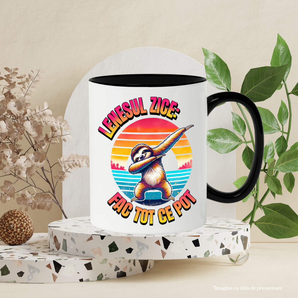 Cana Personalizata "Produse personalizate pentru vacanță – Animal leneș pe plajă la apus cu text 'Leneșul zice fac tot ce pot'" [3]