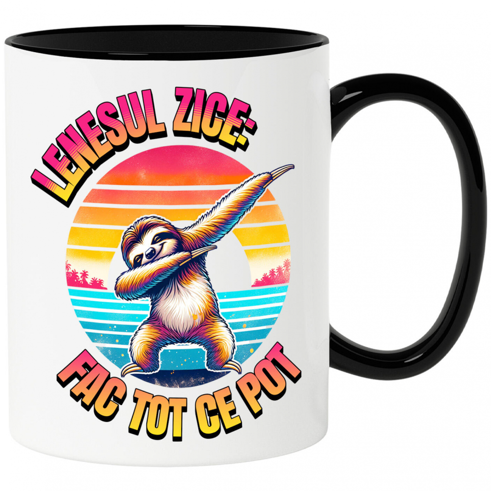 Cana Personalizata "Produse personalizate pentru vacanță – Animal leneș pe plajă la apus cu text 'Leneșul zice fac tot ce pot'" [1]