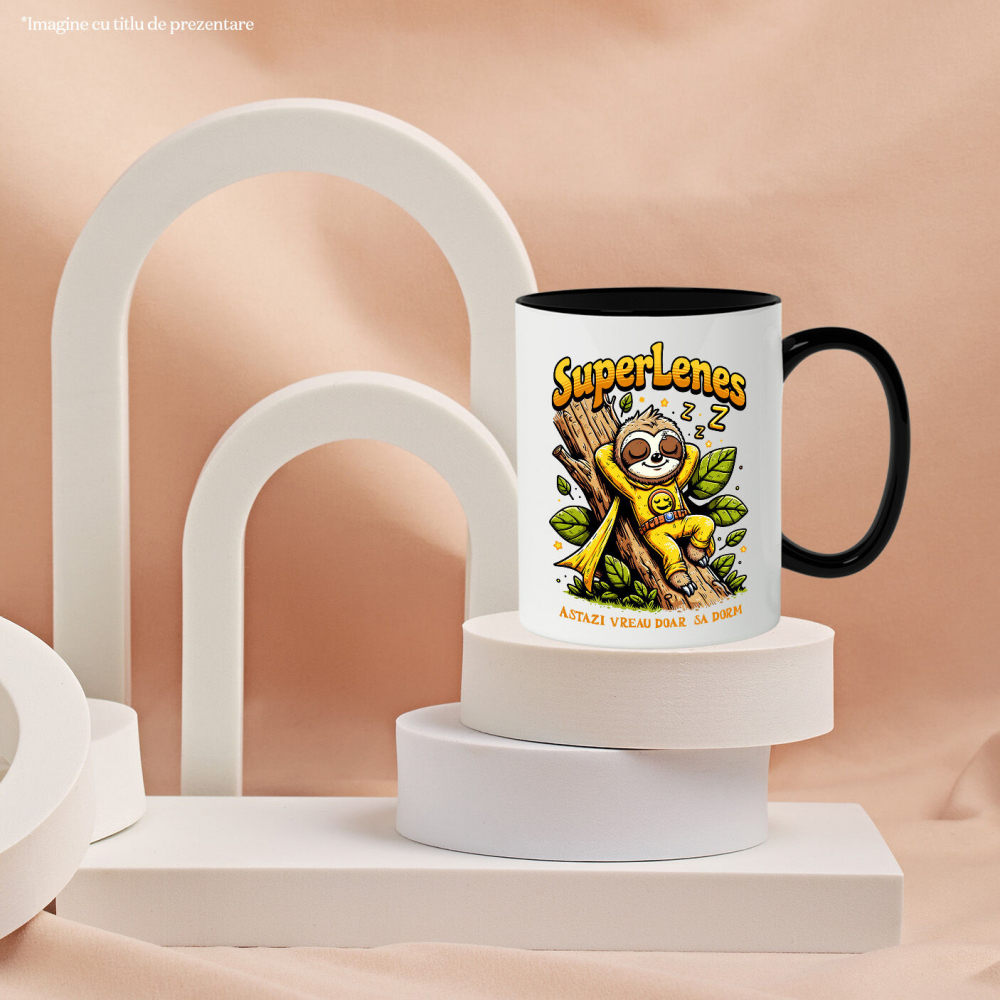 Cana Personalizata Animal Lenes Dormind Pe Trunchi Copac Cu Costum Super Erou Galben – Cadou Personalizat „Astăzi Vreau Doar Să Dorm” [3]