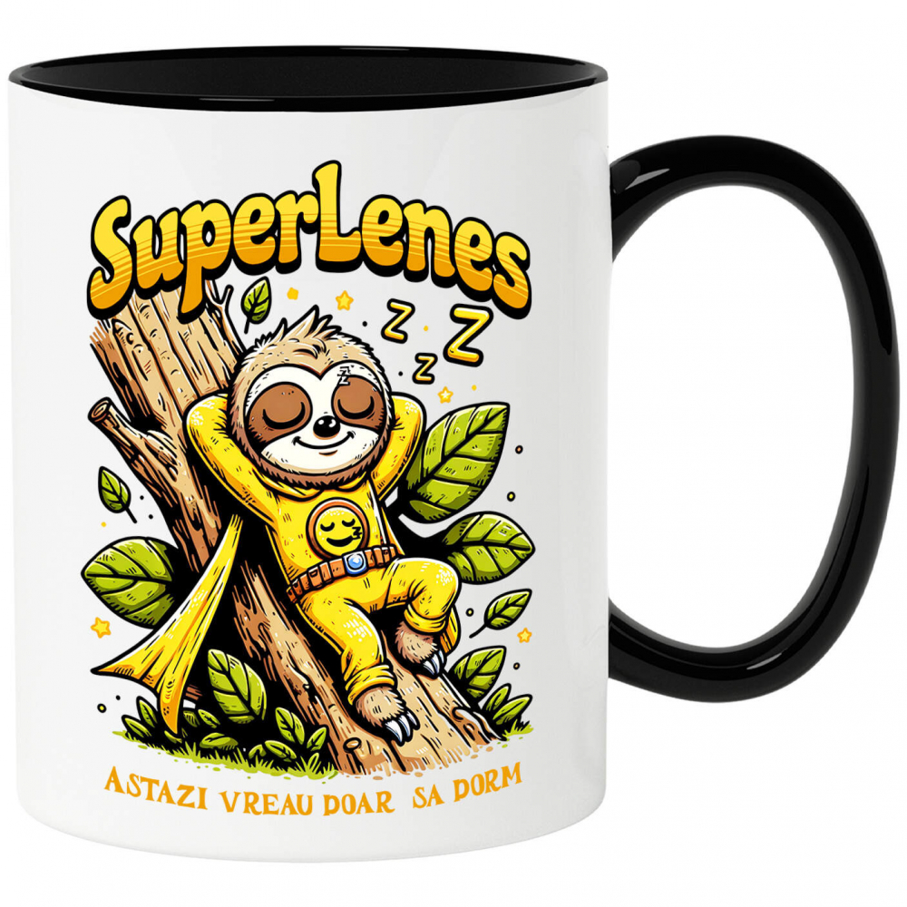 Cana Personalizata Animal Lenes Dormind Pe Trunchi Copac Cu Costum Super Erou Galben – Cadou Personalizat „Astăzi Vreau Doar Să Dorm” [1]