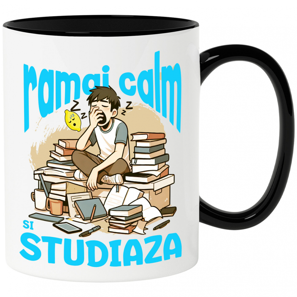 Cana Personalizata Băiat Extenuat și Somnoros Cu Teanc de Cărți | Motivație pentru Studii la Facultate [1]