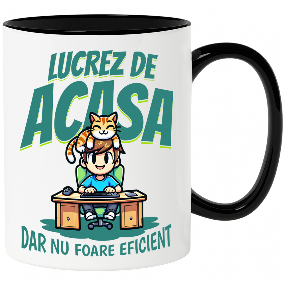 Cana Personalizata Băiat la Birou cu Pisică Portocalie – Work From Home, Productivitate [1]