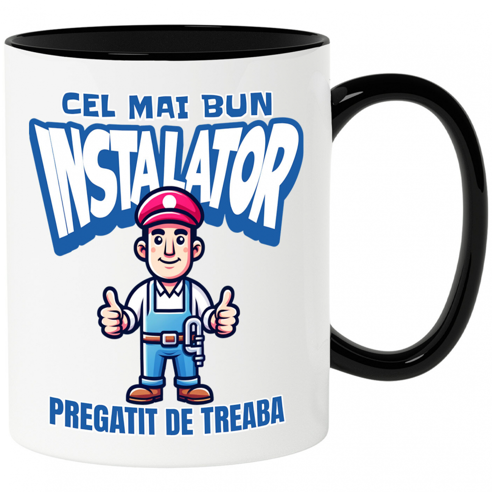 Cana Personalizata Bărbat cu Salopetă Albastră și Pălărie Roșie – Design Meserie [1]