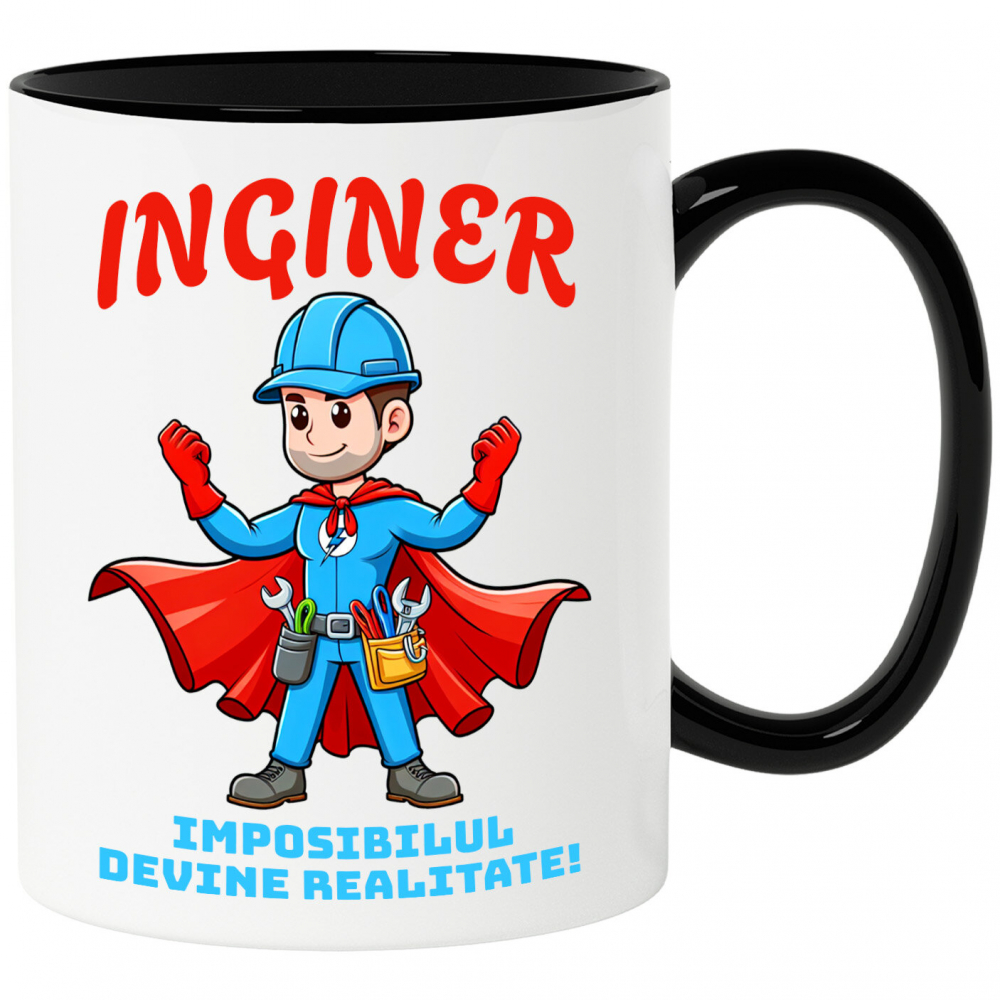 Cana Personalizata Bărbat Cu Salopetă Albastră Și Pelerină Roșie – Cadou Personalizat „Inginer Imposibilul Devine Realitate” [1]