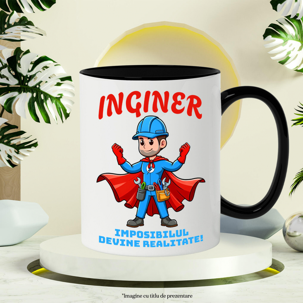 Cana Personalizata Bărbat Cu Salopetă Albastră Și Pelerină Roșie – Cadou Personalizat „Inginer Imposibilul Devine Realitate” [3]