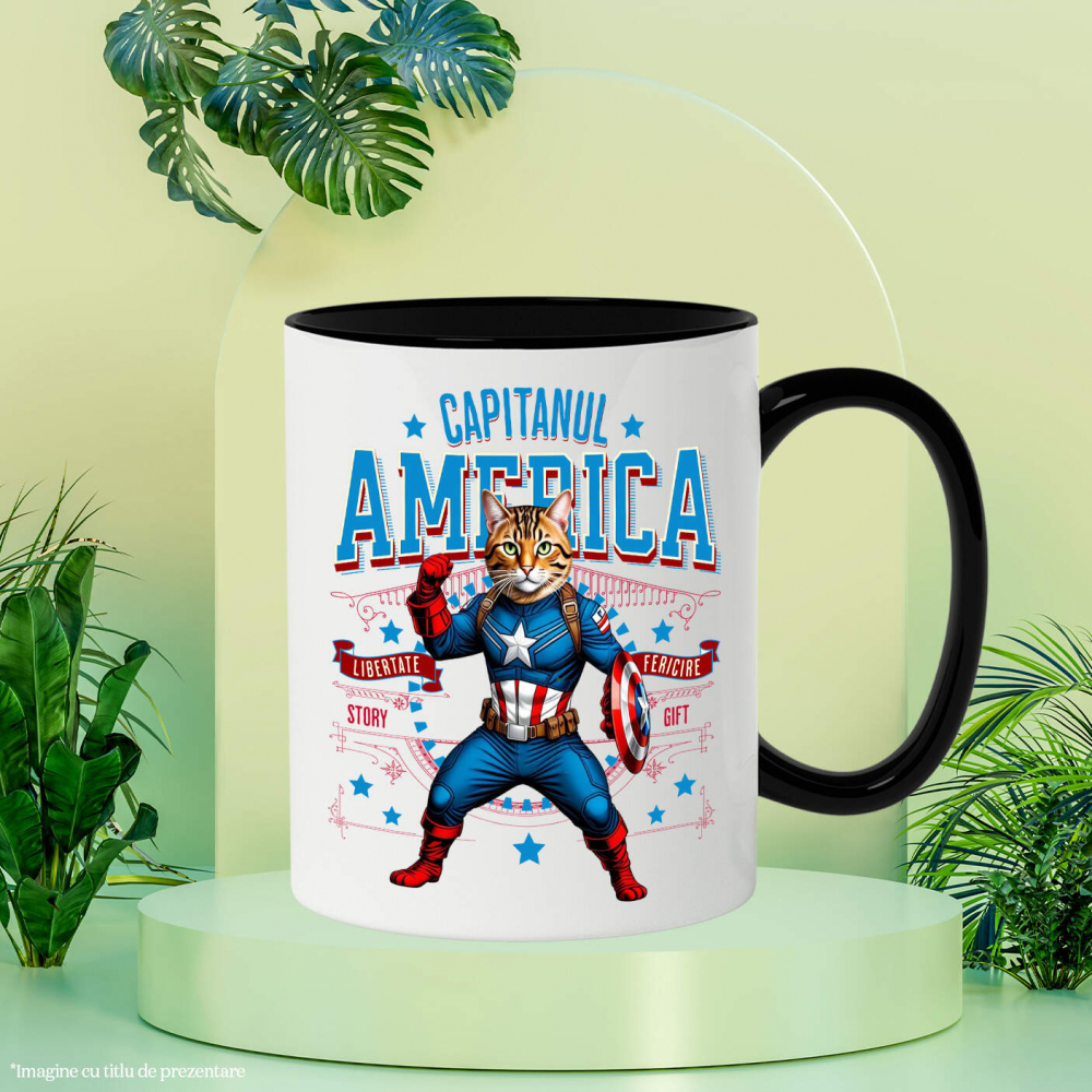 Cana Personalizata Pisica Bengal în Costum de Captain America cu Pelerină - Cadou Personalizat pentru Copii și Iubitorii de Pisici [3]