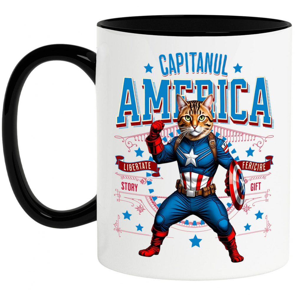 Cana Personalizata Pisica Bengal în Costum de Captain America cu Pelerină - Cadou Personalizat pentru Copii și Iubitorii de Pisici [1]