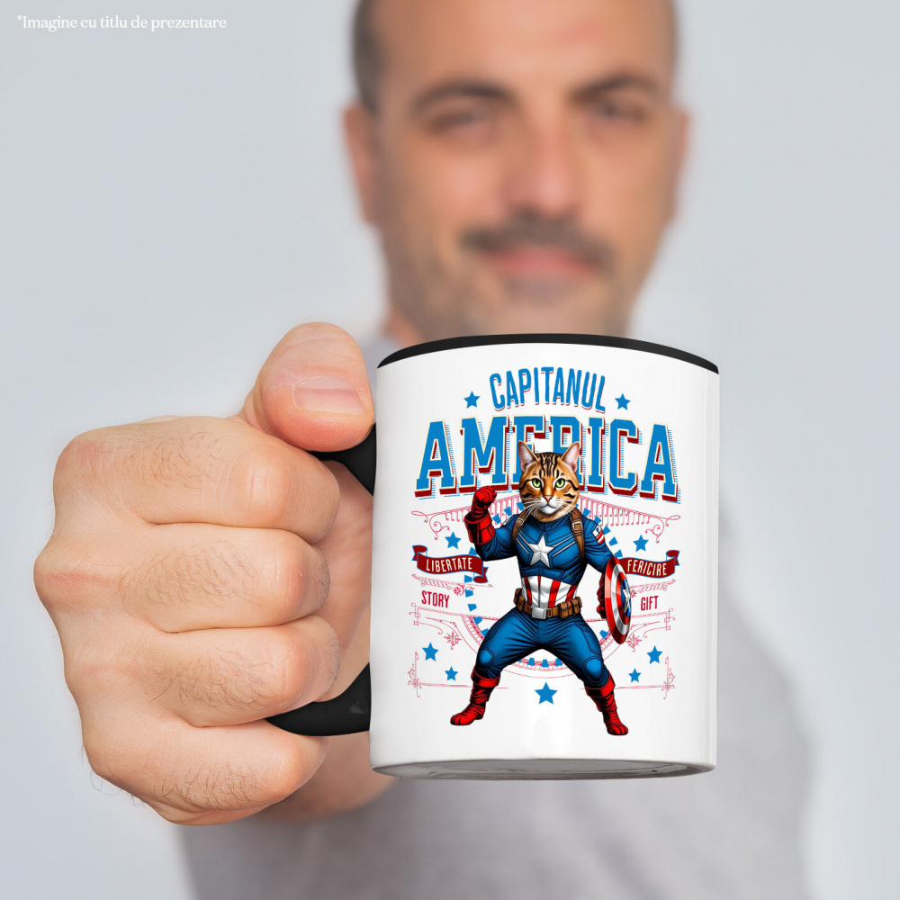 Cana Personalizata Pisica Bengal în Costum de Captain America cu Pelerină - Cadou Personalizat pentru Copii și Iubitorii de Pisici [2]