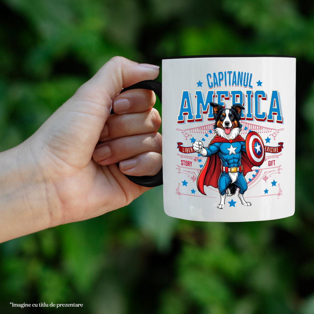 Cana Personalizata Border Collie în Costum Captain America cu Pelerină - Cadou Personalizat pentru Copii și Iubitorii de Câini [2]