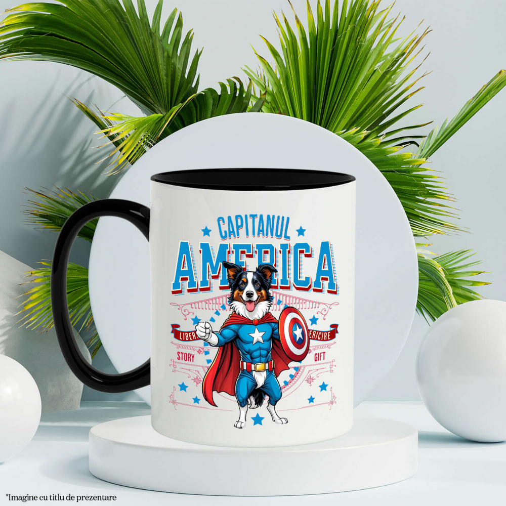Cana Personalizata Border Collie în Costum Captain America cu Pelerină - Cadou Personalizat pentru Copii și Iubitorii de Câini [3]