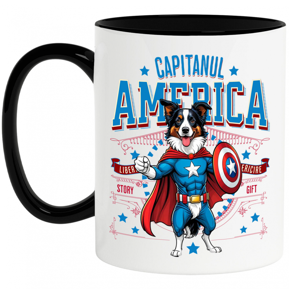 Cana Personalizata Border Collie în Costum Captain America cu Pelerină - Cadou Personalizat pentru Copii și Iubitorii de Câini [1]