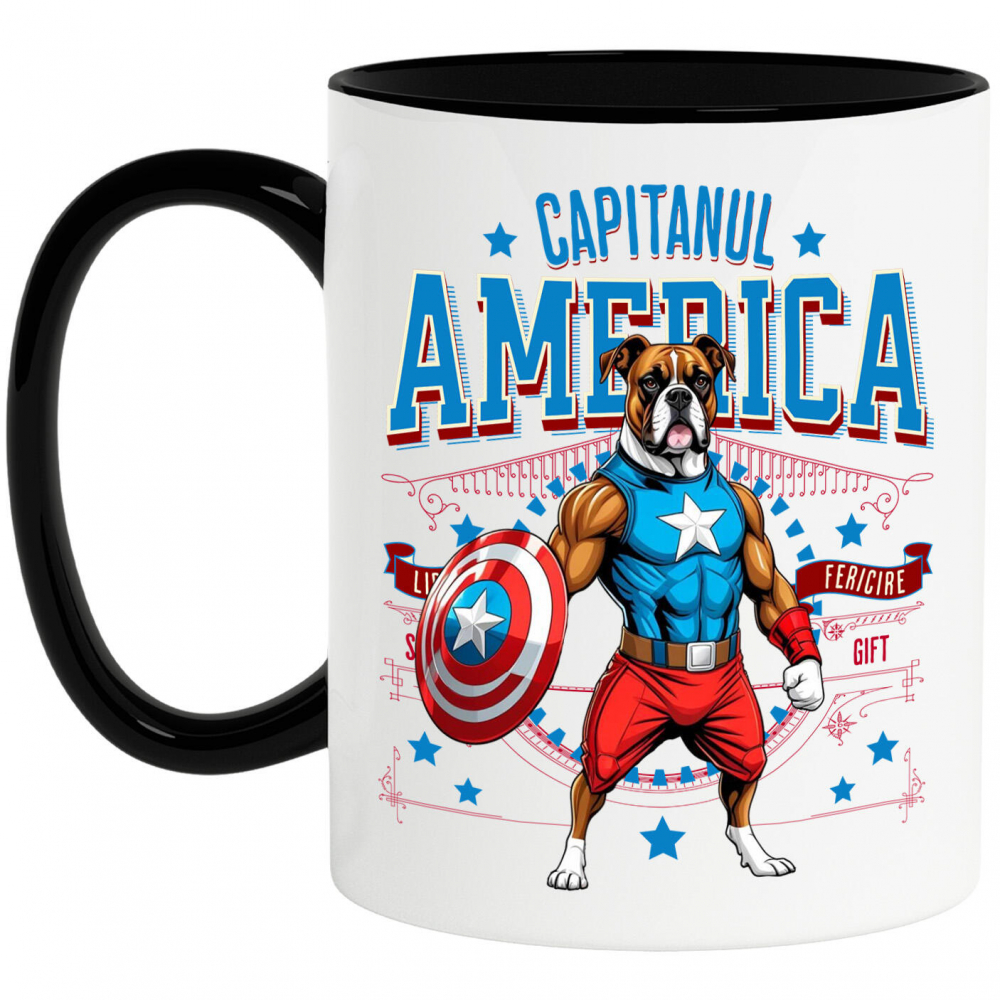 Cana Personalizata Boxer în Costum Captain America cu Pelerină - Cadou Personalizat pentru Copii și Iubitorii de Câini [1]