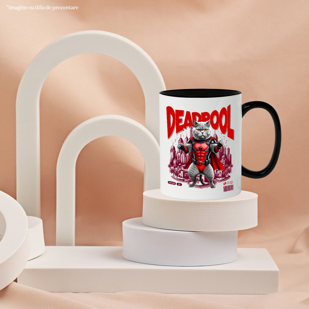 Cana Personalizata British Shorthair în Costum Deadpool – Pisică Supererou Amuzantă pentru Iubitorii de Animale [3]