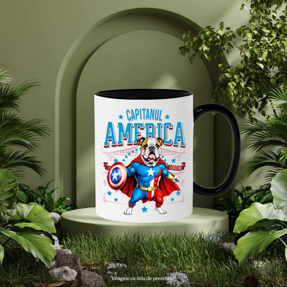 Cana Personalizata Bulldog în Costum Captain America cu Pelerină - Cadou Personalizat pentru Copii și Iubitorii de Câini [3]