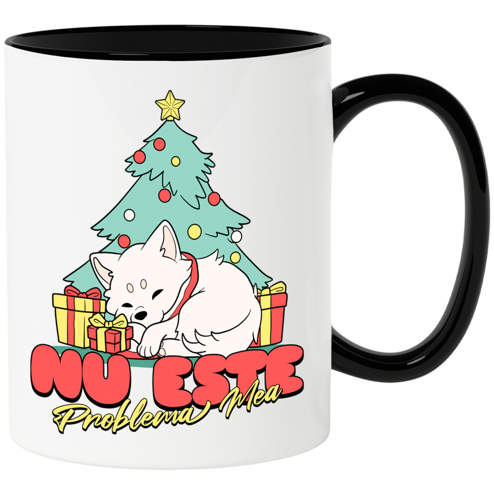 Cana Personalizata Câine Dormind Lângă Brad – Cadouri Colorate și Mesaj Amuzant „Nu Este Problema Mea” [1]