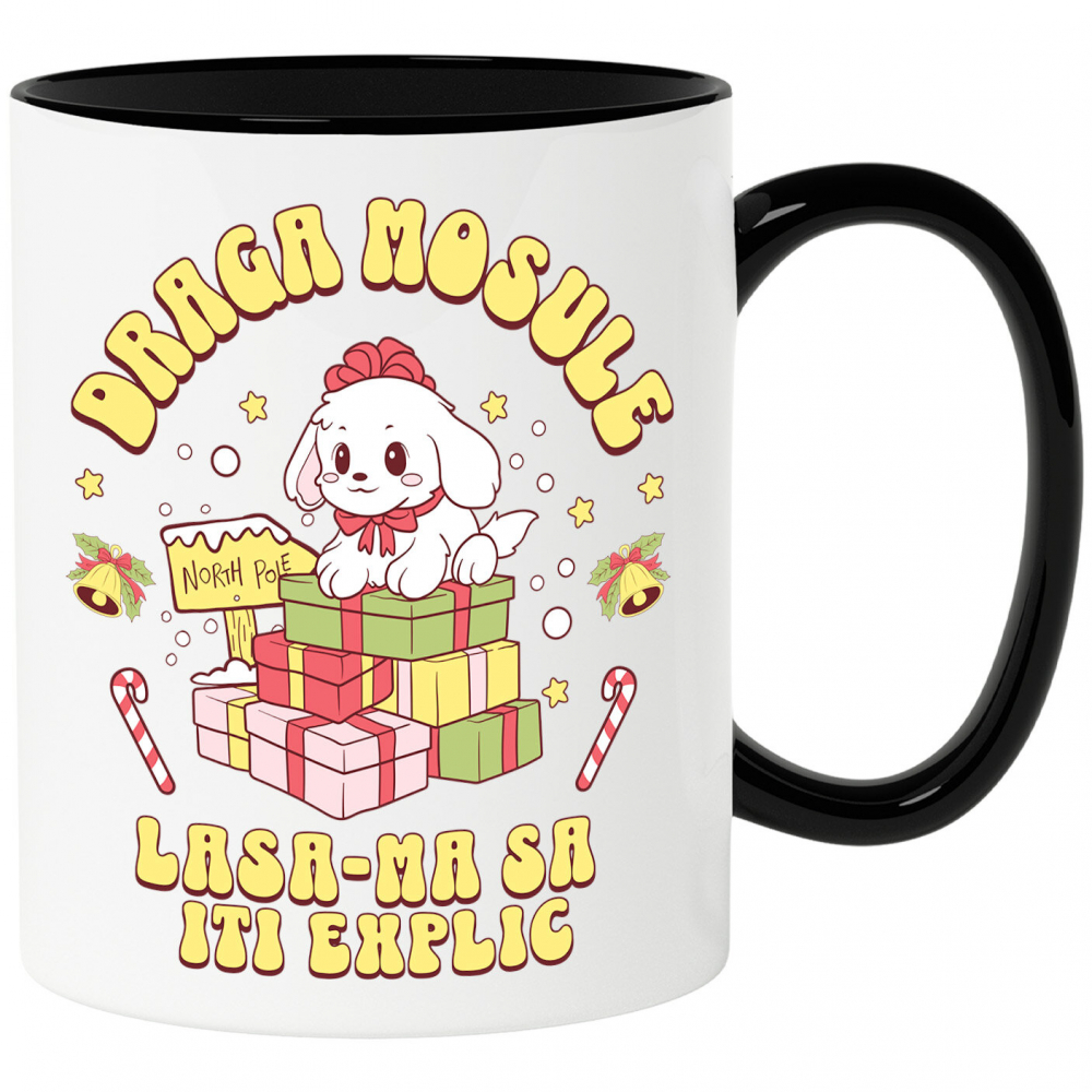 Cana Personalizata Câine Fericit Lângă Turn de Cadouri – „Draga Moșule, Lasă-mă să Îți Explic” [1]