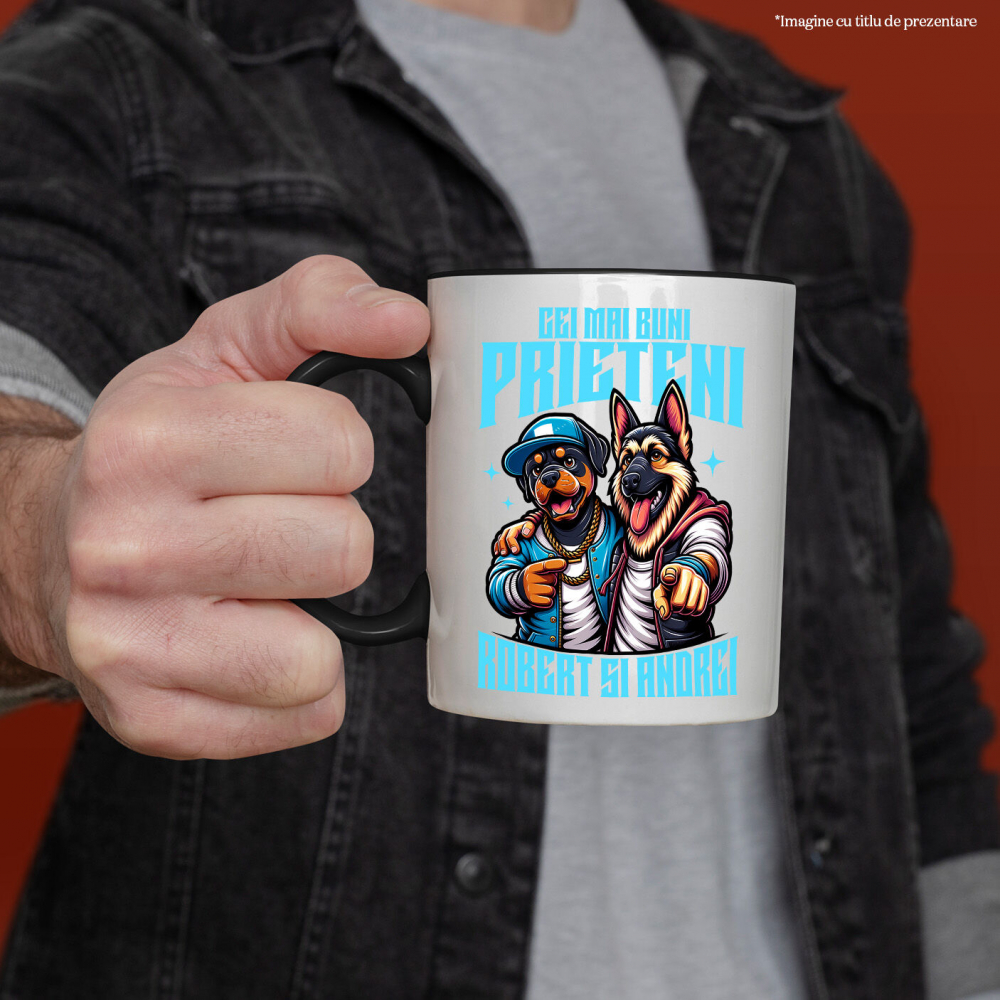 Cana Personalizata "Câine Rottweiler și Ciobanesc German Imbrățișare - Cei Mai Buni Prieteni Robert și Andrei" [2]