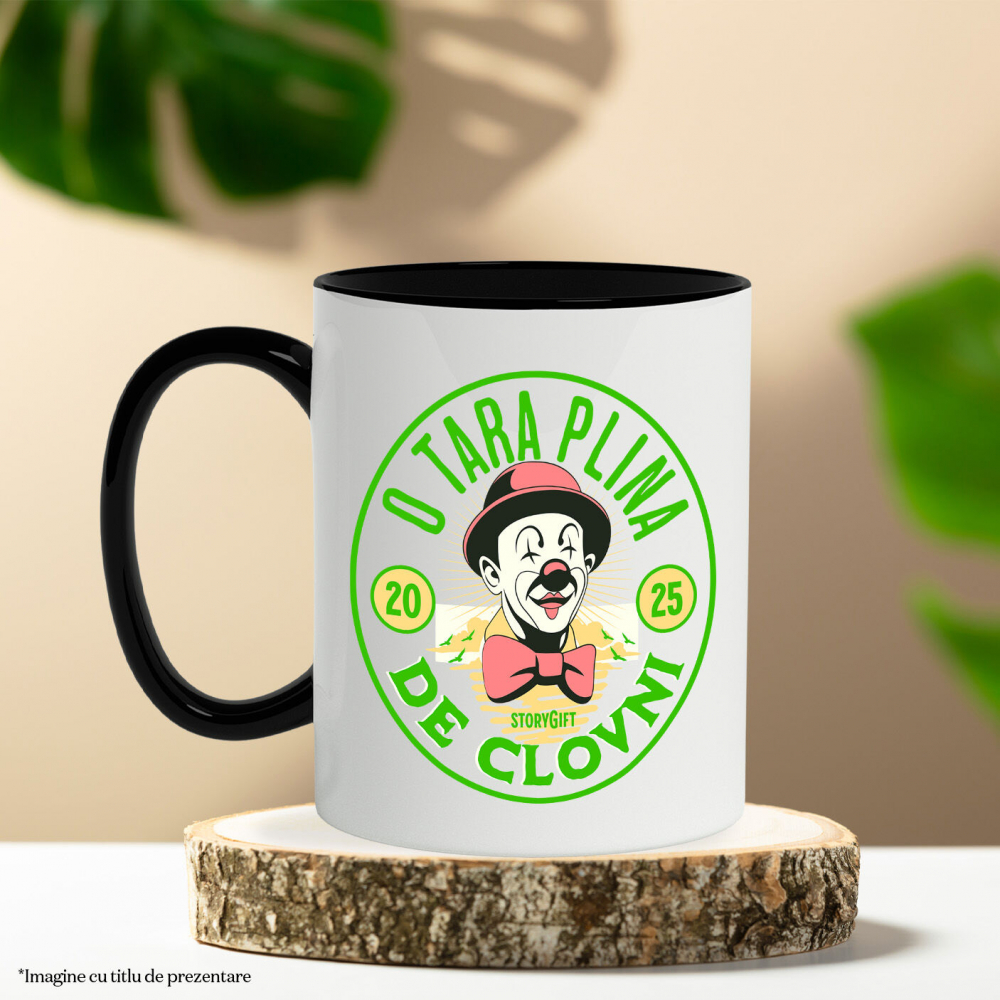 Cana Personalizata Cerc Stil Monedă cu Clovn cu Papion și Pălărie Roșie - Cadou Amuzant Personalizat „O Țară Plină de Clovni” [3]