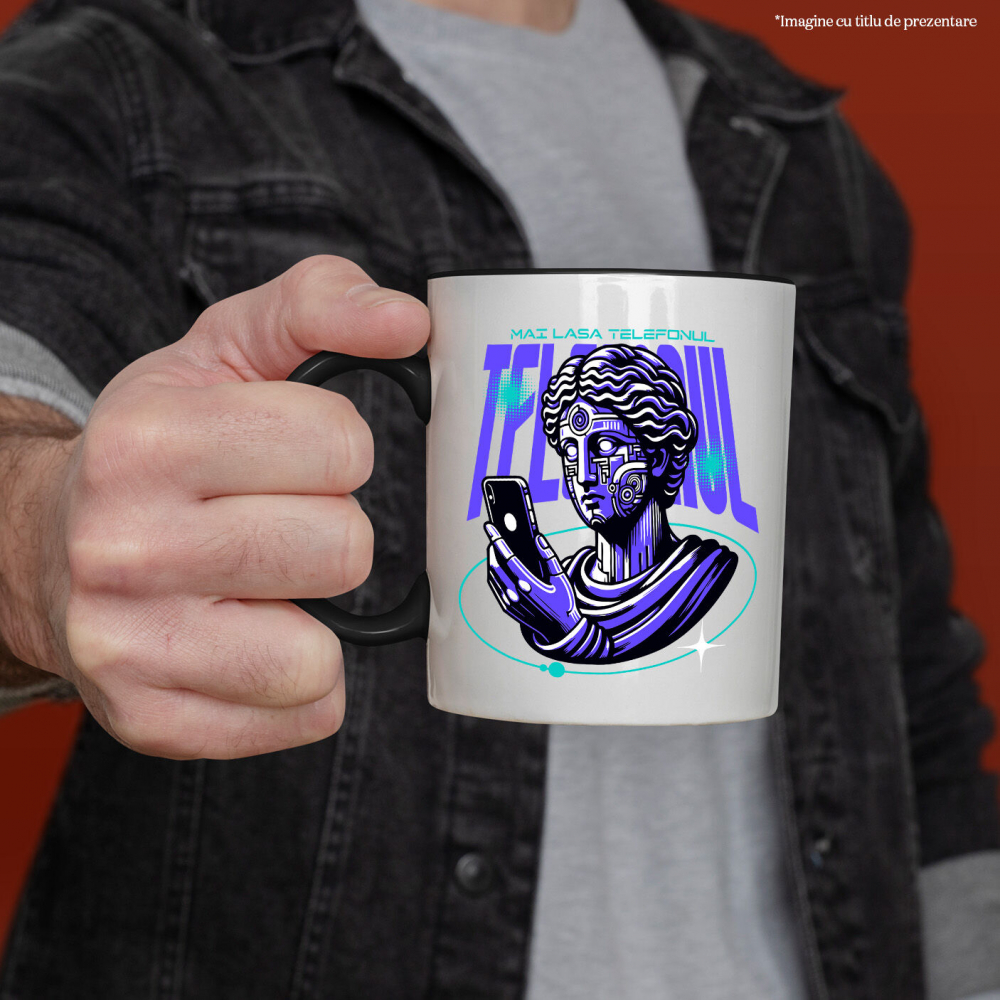 Cana Personalizata Chip Uman Statuie Grecească cu Telefon și Robot - „Haios, Mai Lasa Telefonul” - Cadou Personalizat [2]