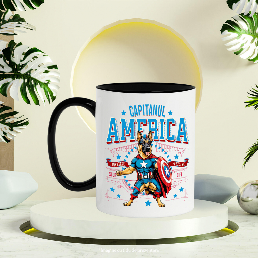 Cana Personalizata Ciobănesc German în Costum Captain America cu Pelerină - Cadou Personalizat pentru Copii și Iubitorii de Câini [3]