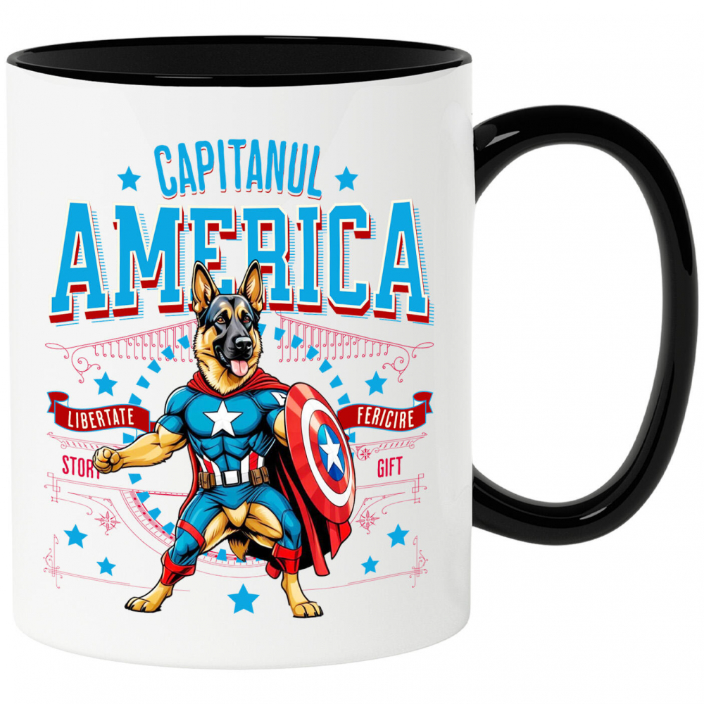 Cana Personalizata Ciobănesc German în Costum Captain America cu Pelerină - Cadou Personalizat pentru Copii și Iubitorii de Câini [1]