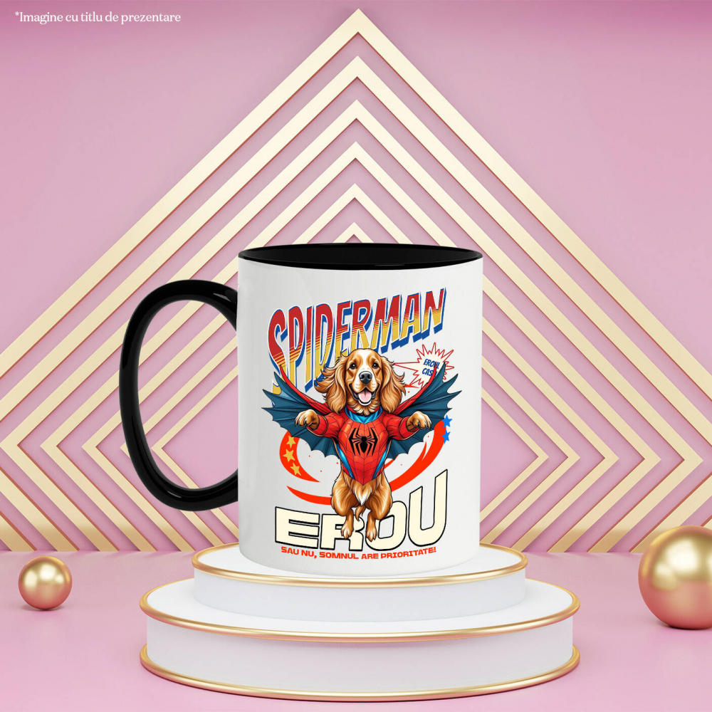 Cana Personalizata Cocker Spaniel în Costum Spider-Man cu Pelerină - Cadou Personalizat pentru Copii și Iubitorii de Câini [3]