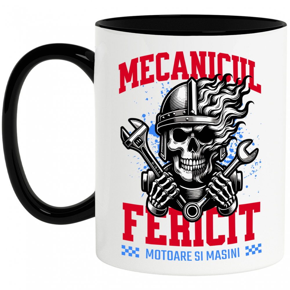 Cana Personalizata Craniu cu Cască și Flăcări – Mecanicul Fericit, Pasiune pentru Motociclete [1]