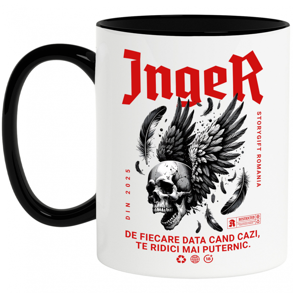 Cana Personalizata Craniu Uman cu Aripi Negre și Text „Înger de Fiere - Data Cazi Te Ridici Mai Puternic” - Cadou Personalizat Motivațional [1]