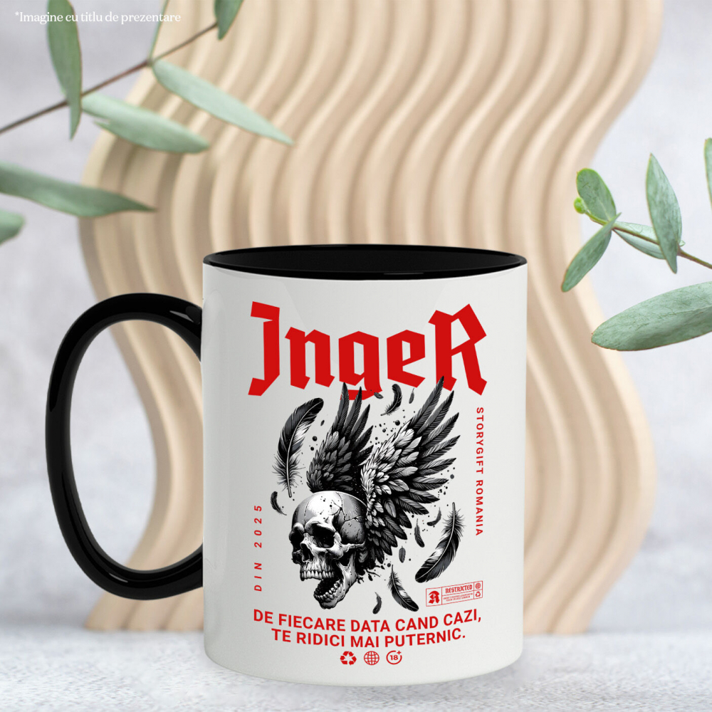 Cana Personalizata Craniu Uman cu Aripi Negre și Text „Înger de Fiere - Data Cazi Te Ridici Mai Puternic” - Cadou Personalizat Motivațional [3]
