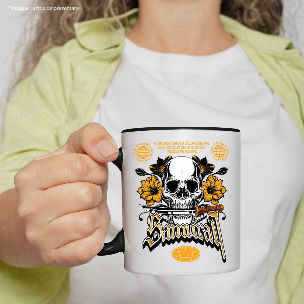 Cana Personalizata Craniu Uman cu Cuțit și Flori Colorate – Design Samurai și Războinici [2]