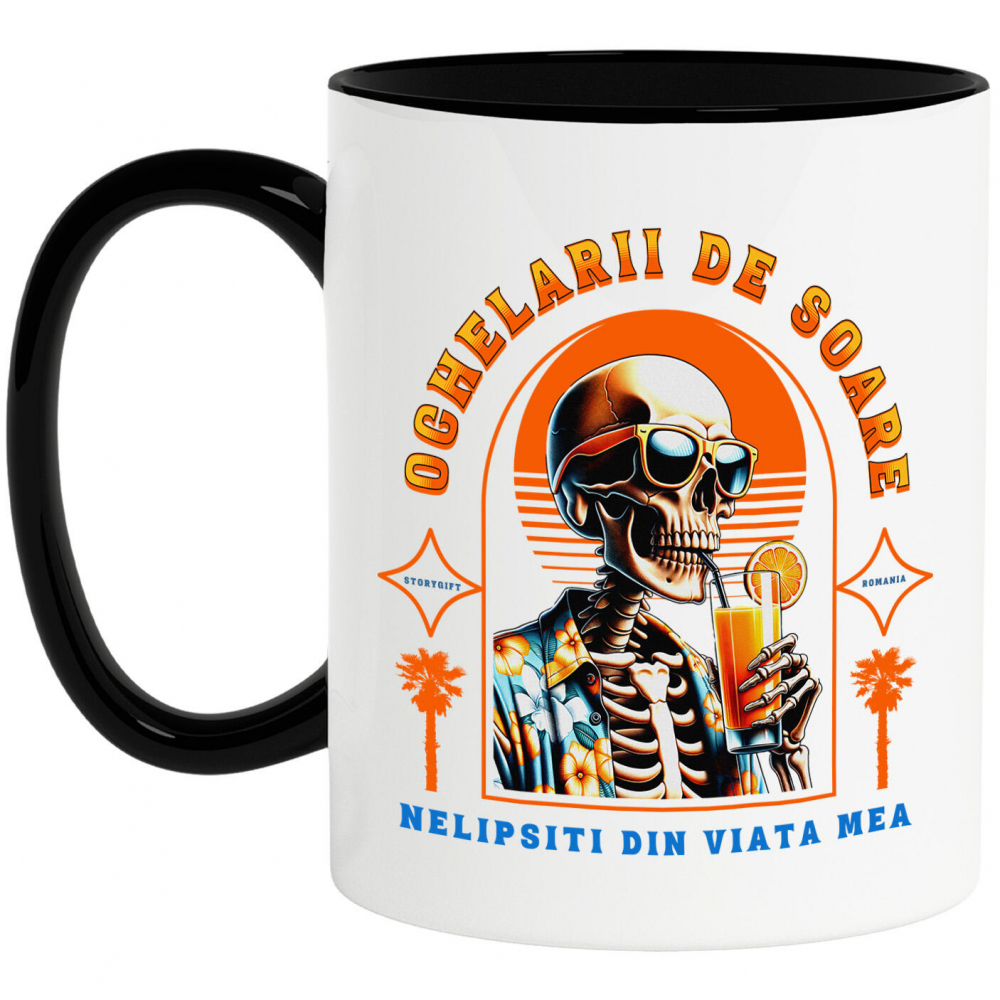 Cana Personalizata "Produse personalizate pentru vacanță – Craniu uman cu ochelari de soare și cămașă florală pe plajă cu cocktail" [1]