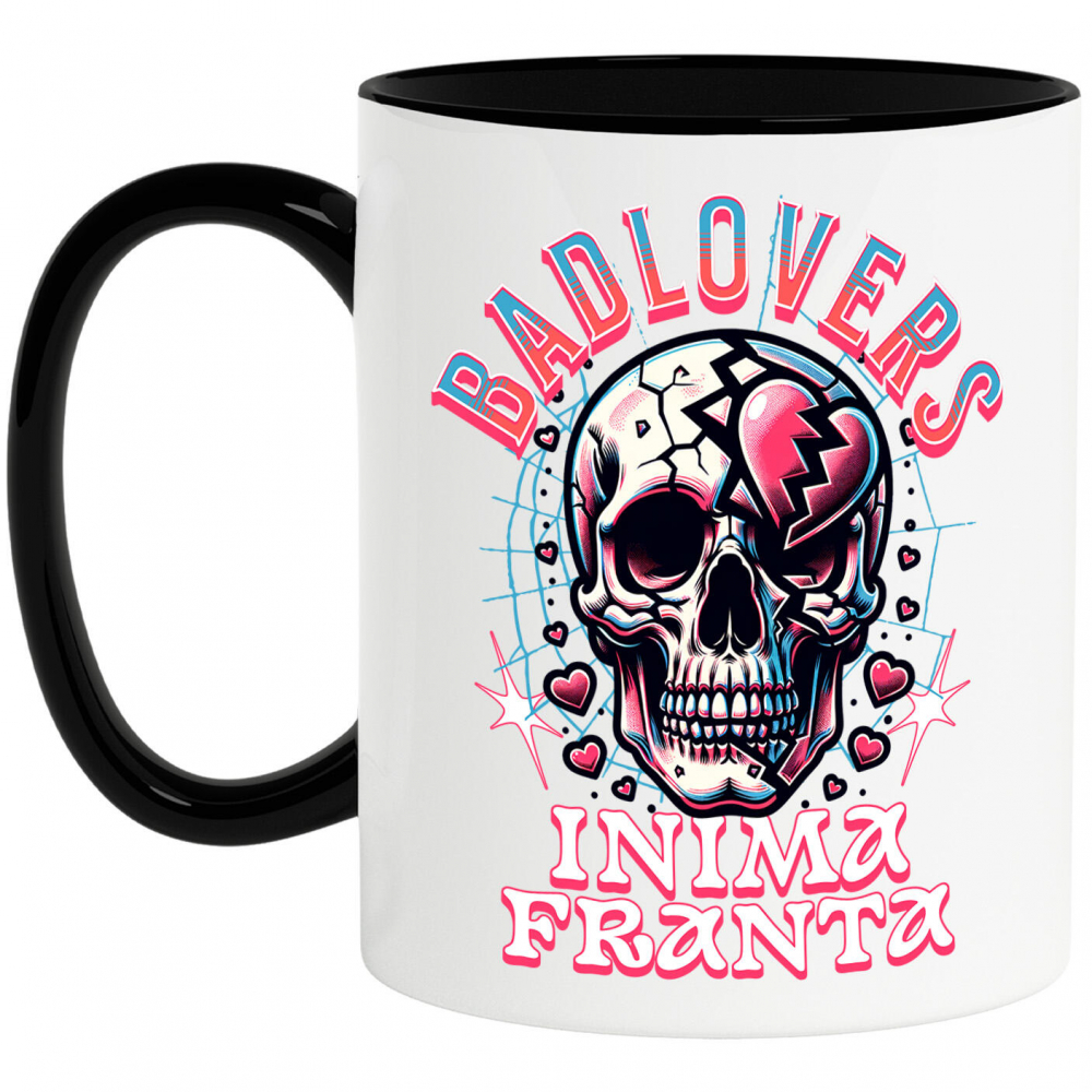 Cana Personalizata Craniu Uman Mort cu Text „Bad Lovers” și Inima Franta – Cadou Personalizat de Valentine's Day [1]