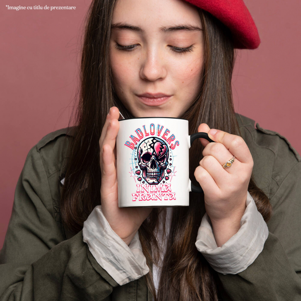 Cana Personalizata Craniu Uman Mort cu Text „Bad Lovers” și Inima Franta – Cadou Personalizat de Valentine's Day [2]