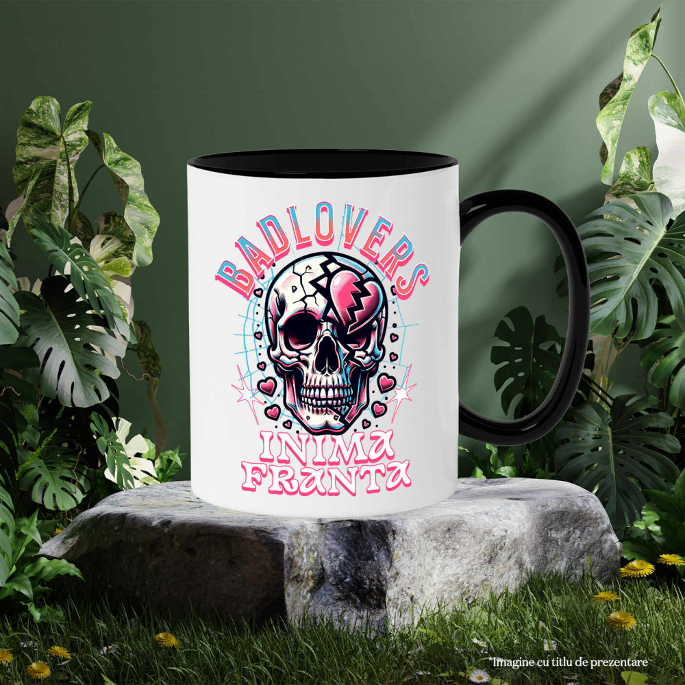 Cana Personalizata Craniu Uman Mort cu Text „Bad Lovers” și Inima Franta – Cadou Personalizat de Valentine's Day [3]