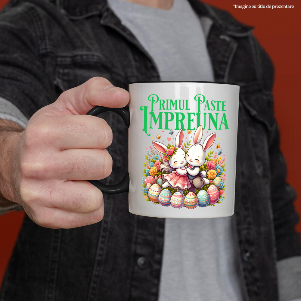 Cana Personalizata "Cuplu Fericit Iepuri Îndrăgostiți cu Oua Colorate - Paște și Iubire" [2]
