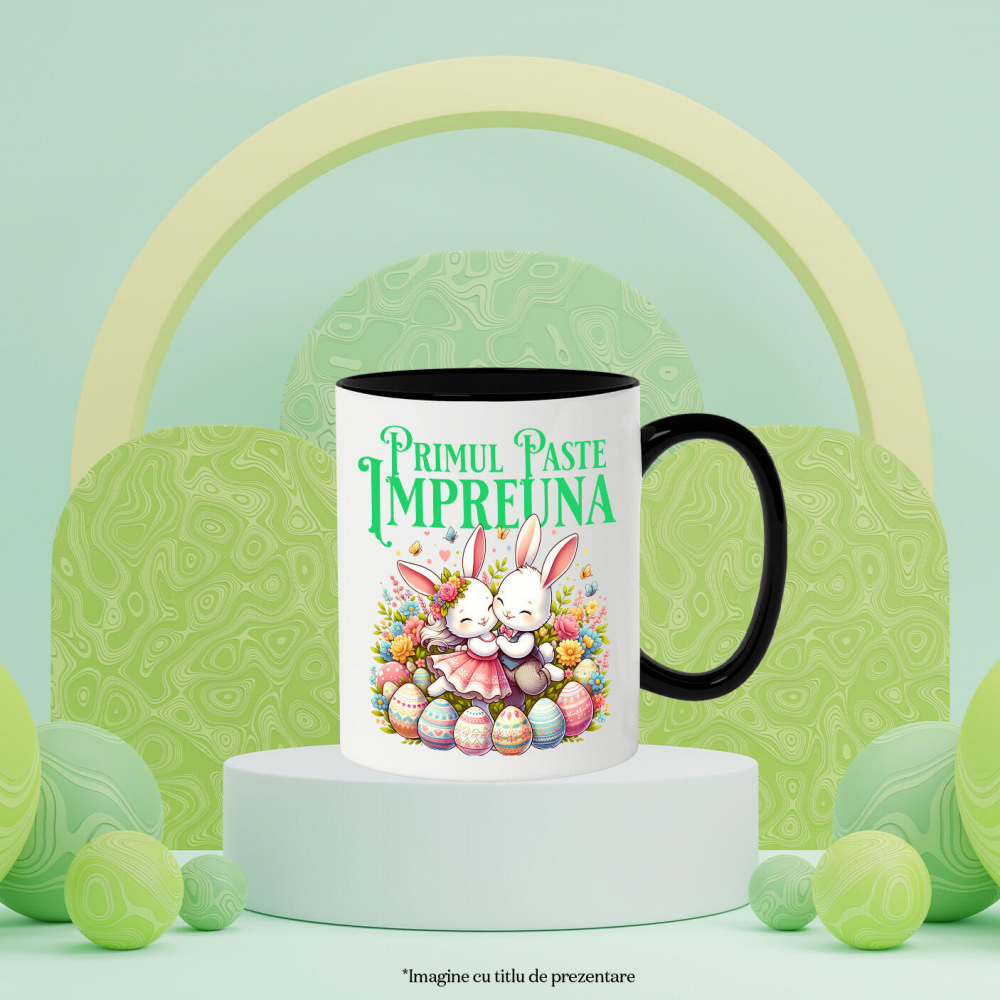 Cana Personalizata "Cuplu Fericit Iepuri Îndrăgostiți cu Oua Colorate - Paște și Iubire" [3]
