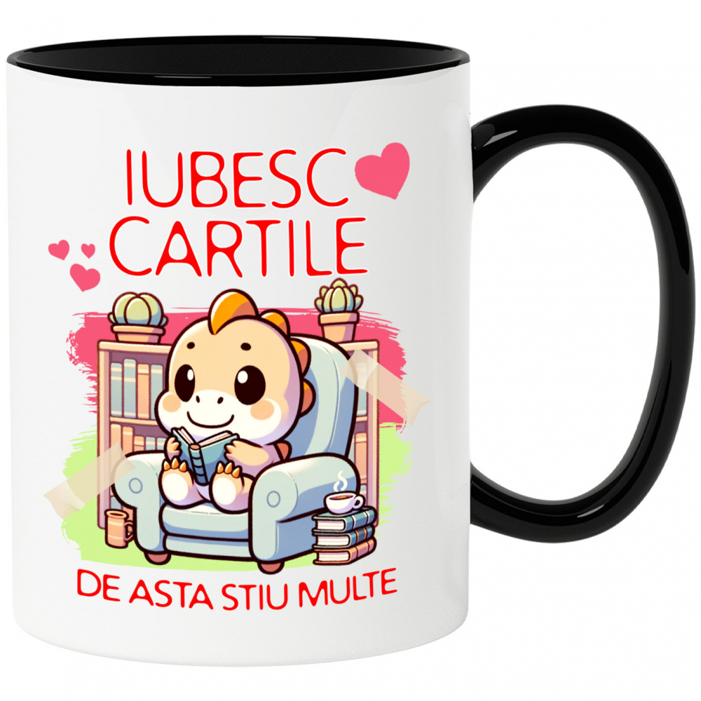 Cana Personalizata Tricou Personalizat Dinozaur - "Iubesc Cărțile, De Asta Știu Multe" | Cadou pentru Cititori și Iubitori de Educație [1]