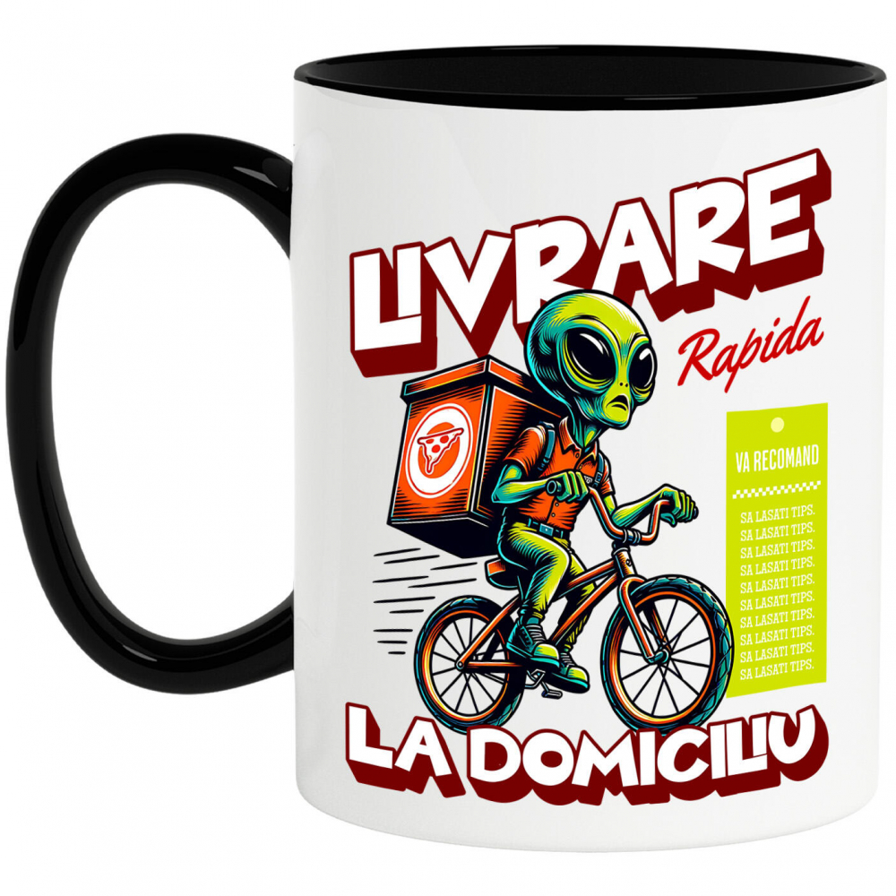Cana Personalizata Extraterestru Curier Cu Bicicleta Si Cutii De Pizza | Cadou Amuzant Livrare La Domiciliu [1]