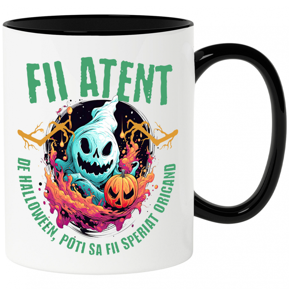 Cana Personalizata Fantoma Horror și Dovleac De Halloween | Mesaj „Fii Atent, De Halloween Poți Să Fii Speriat” | Cadou Personalizat pentru Halloween [1]