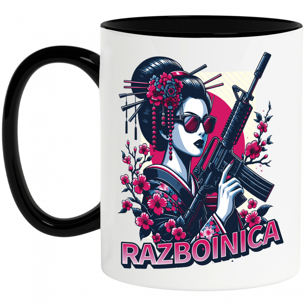 Cana Personalizata Fata Asiatica cu Mitralieră și Flori Roz – Războinică Personalizată [1]