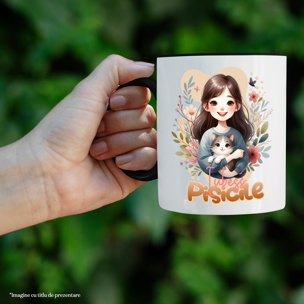 Cana Personalizata Decor Personalizat - Fată cu Pisică Pufoasă și Mesaj „Iubesc Pisicile” [2]
